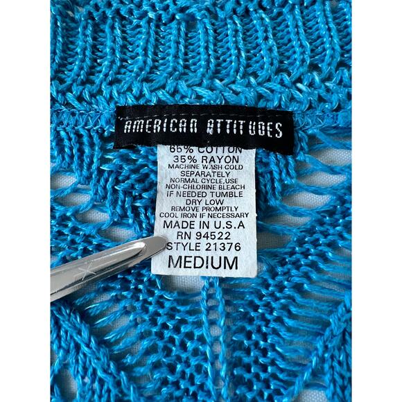 VTG Y2K American Attitudes sweater sz Med cropped flare sleeve crochet wrap blue - Picture 11 of 11